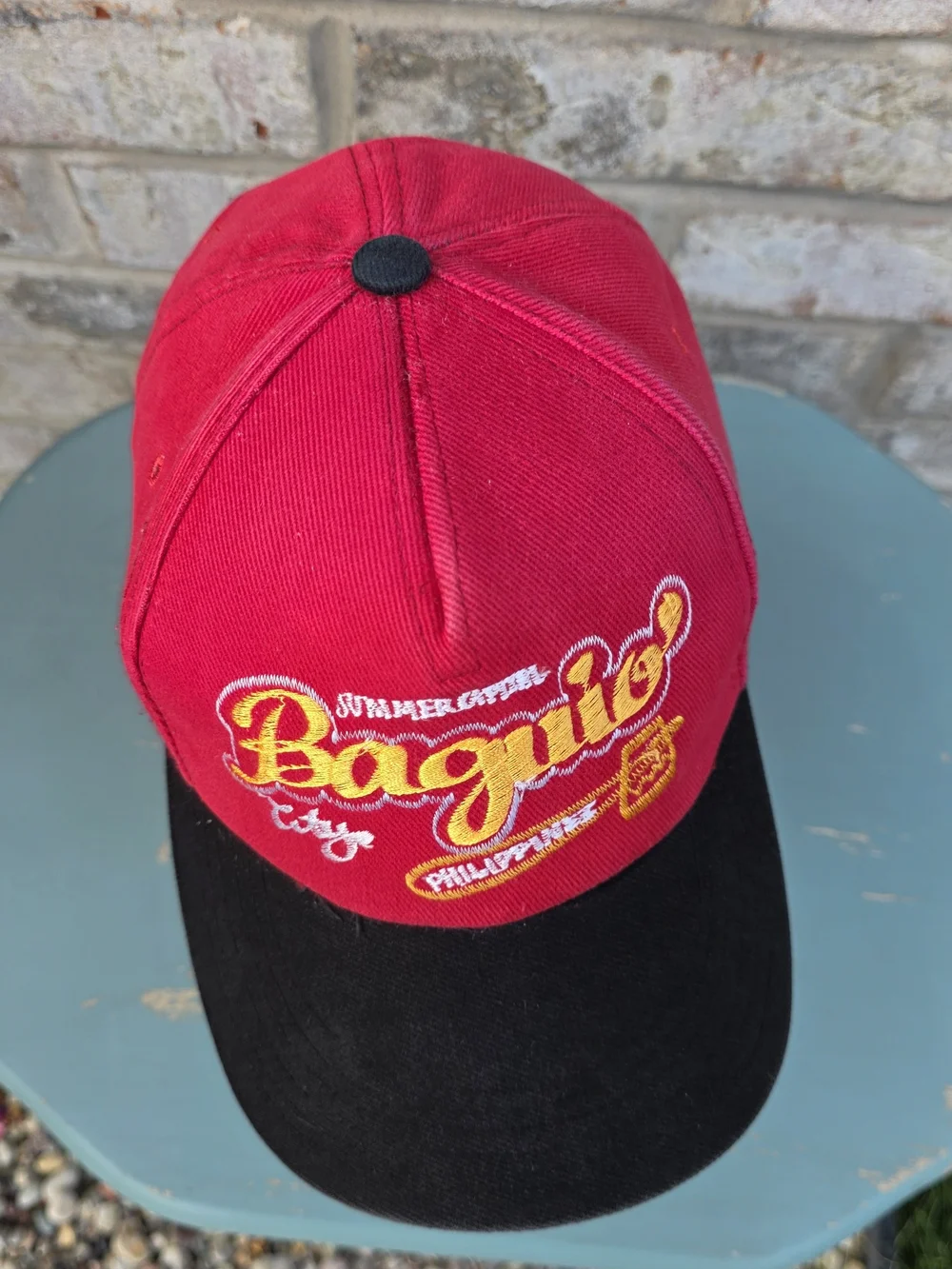 Vintage Baguio City Philippines Souvenir Strapback Hat Red Black Embroidered Y2K